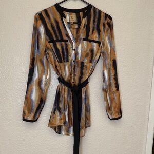 KASPER Size S Tunic Top Blouse Button Down Sash Belt Silky Feel Abstract Print